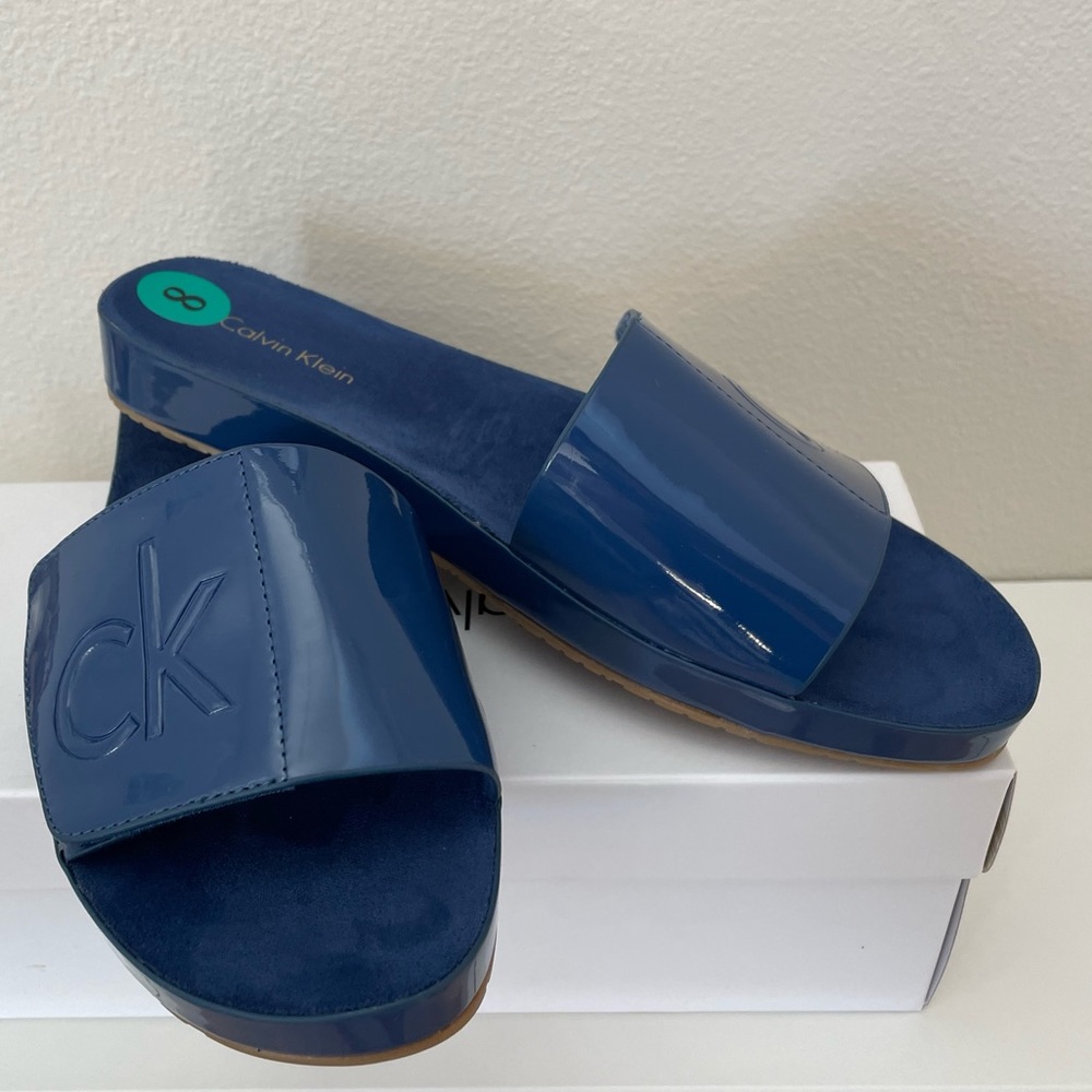 NEW Calvin Klein Women's Blue Marlina Patent Slides Sandals, Size 8 Adjustable